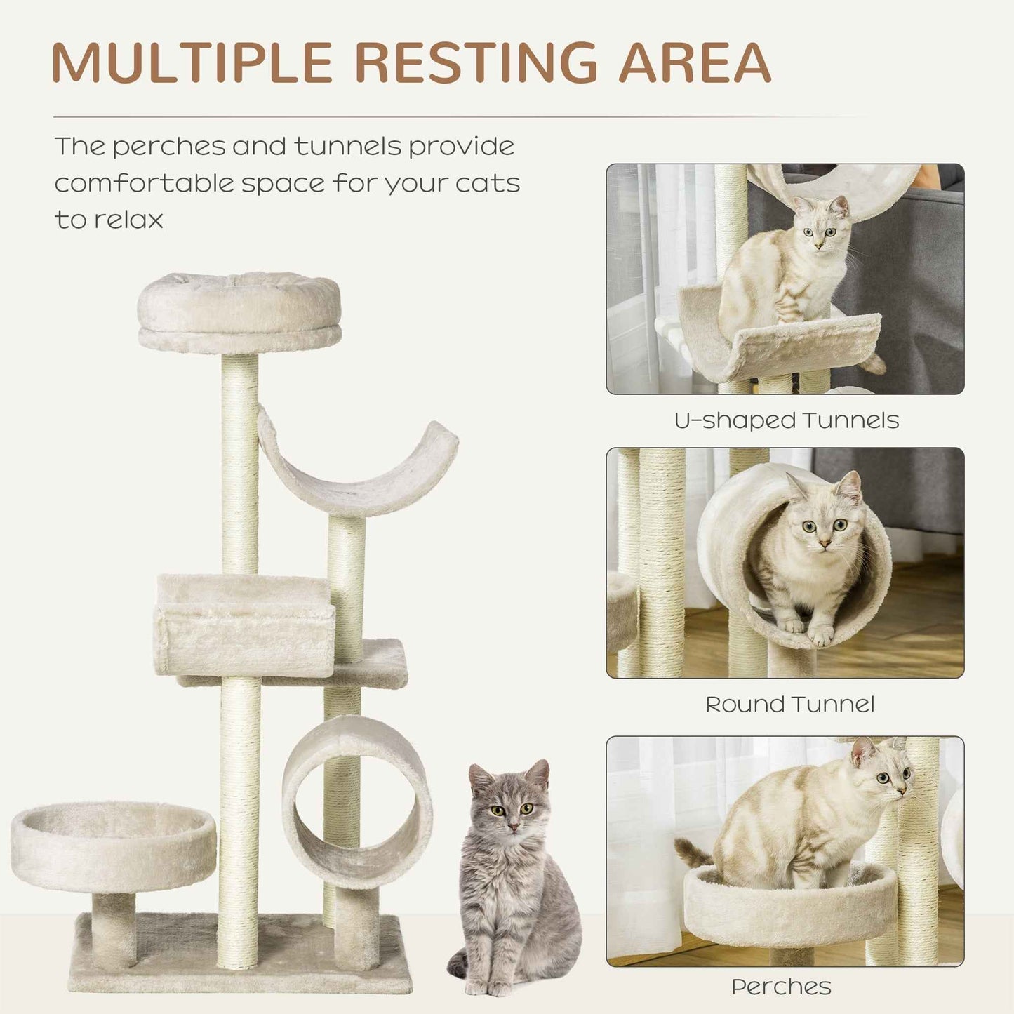 Cat Tree for Cats - Plush Design, 50Lx40Wx105H cm, Beige - TheZoomiesClub