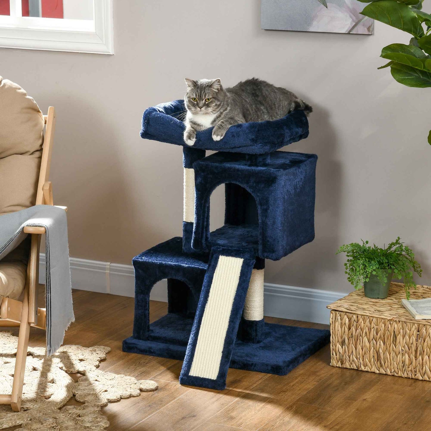 Sisal Cat Activity Tree with 2 Houses in Navy Blue