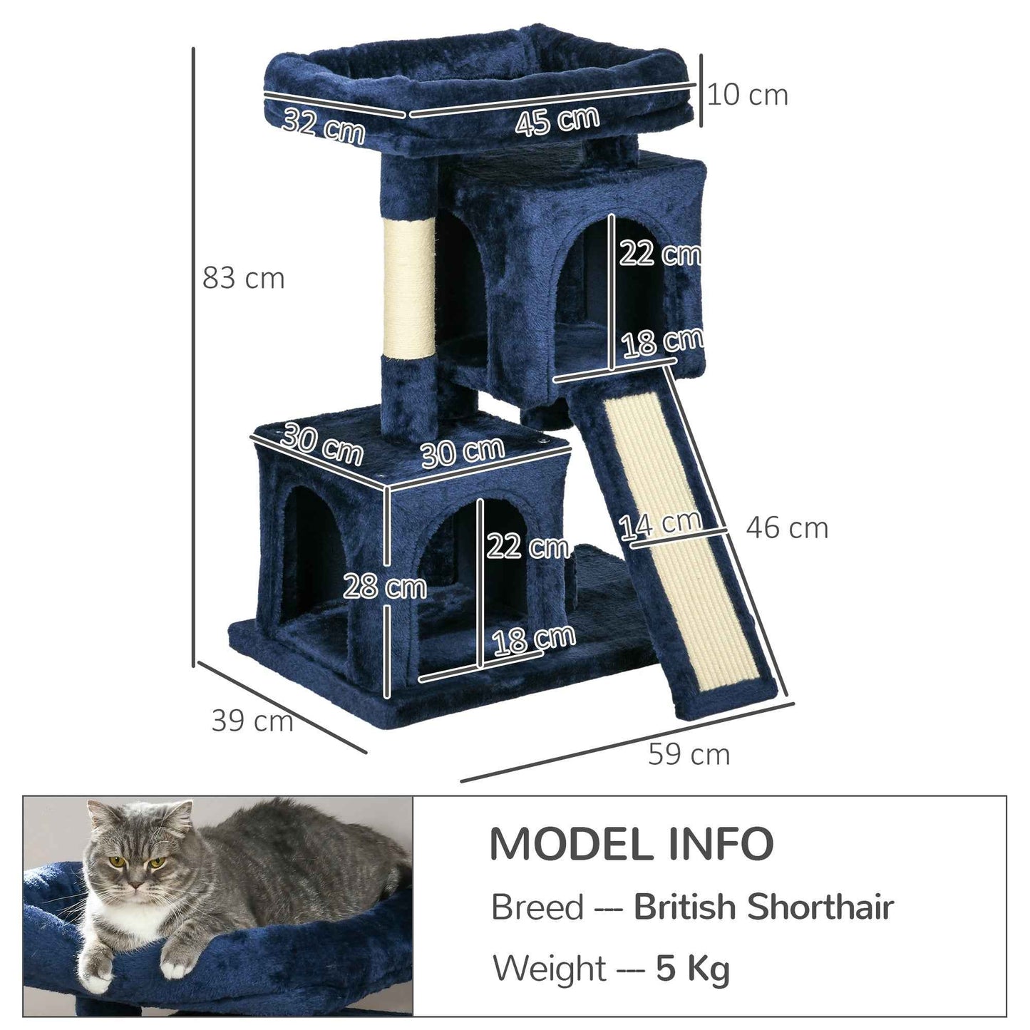 Sisal Cat Activity Tree with 2 Houses in Navy Blue