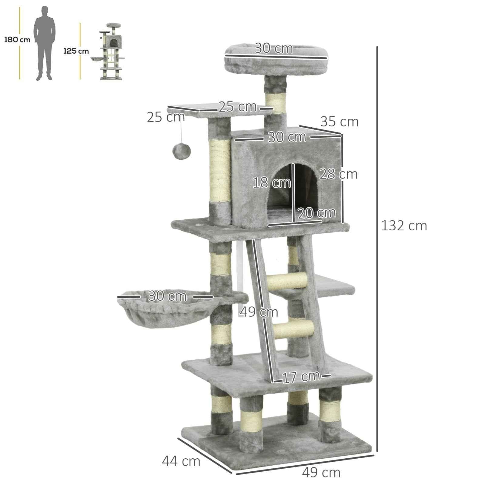132cm Cat Tree with Scratching Post, House, and Hammock in Grey