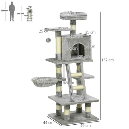 132cm Cat Tree with Scratching Post, House, and Hammock in Grey