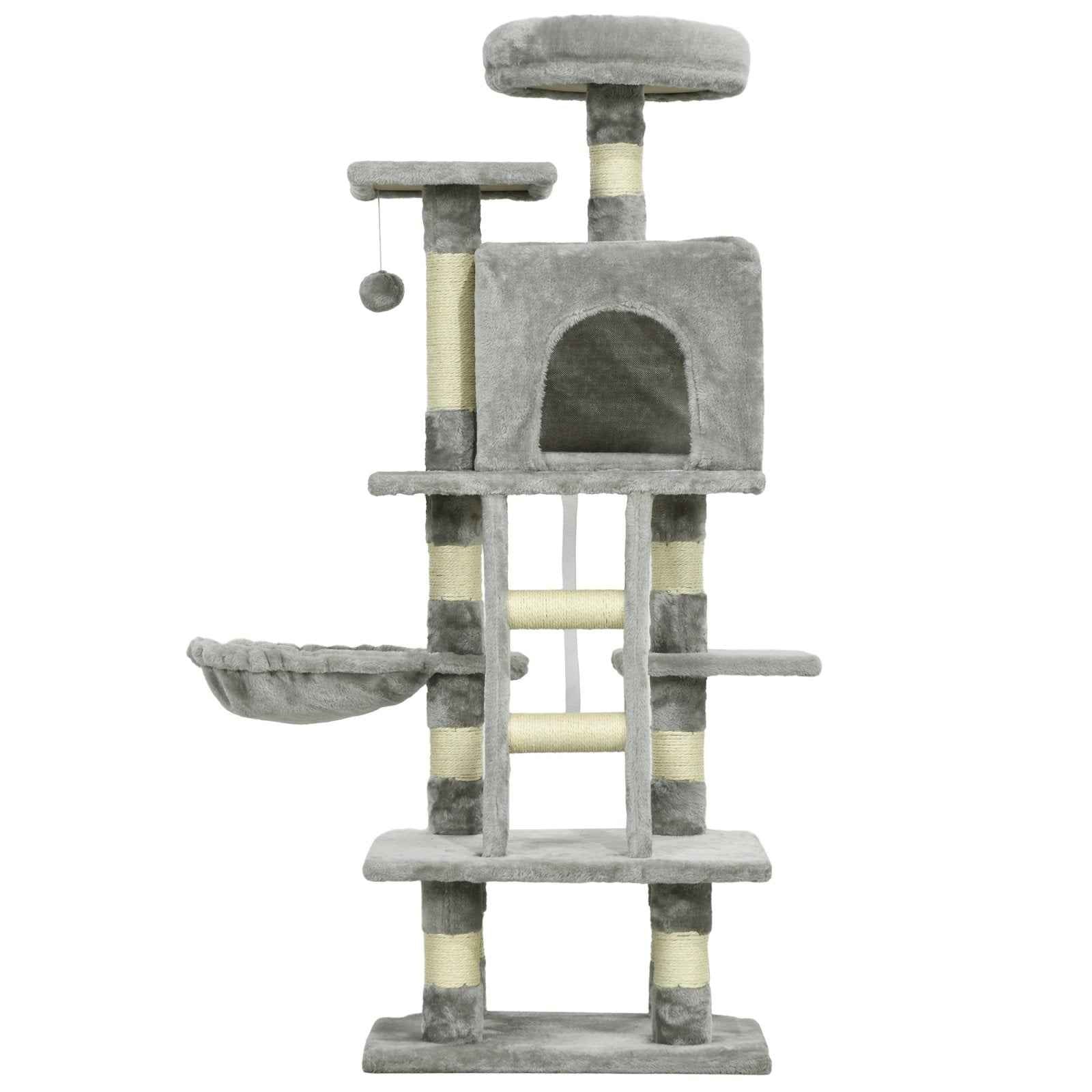 132cm Cat Tree with Scratching Post, House, and Hammock in Grey
