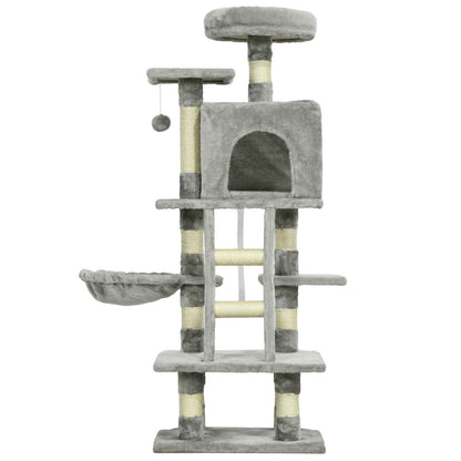 132cm Cat Tree with Scratching Post, House, and Hammock in Grey