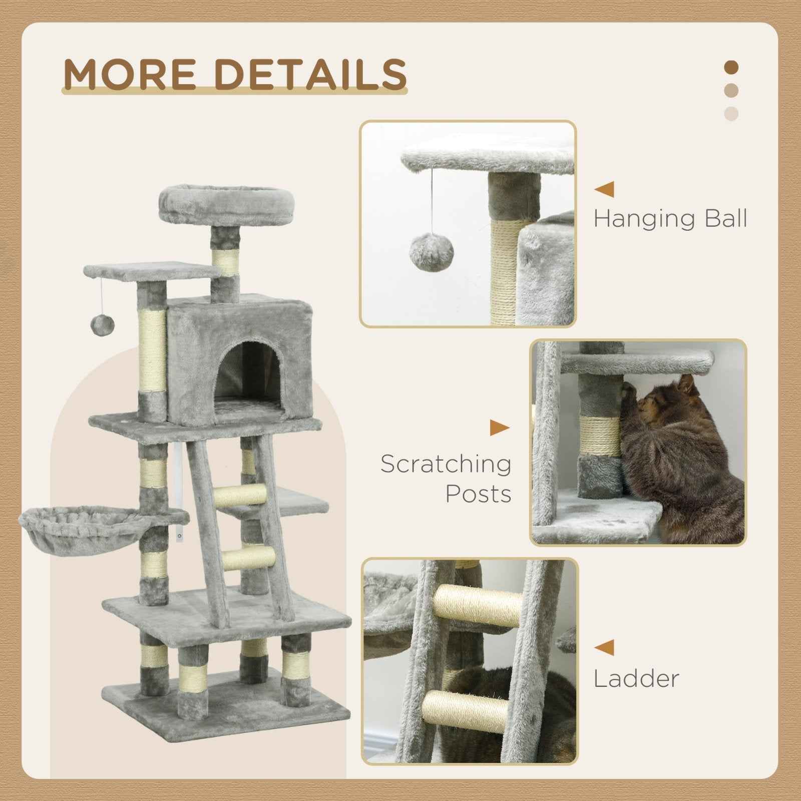 132cm Cat Tree with Scratching Post, House, and Hammock in Grey