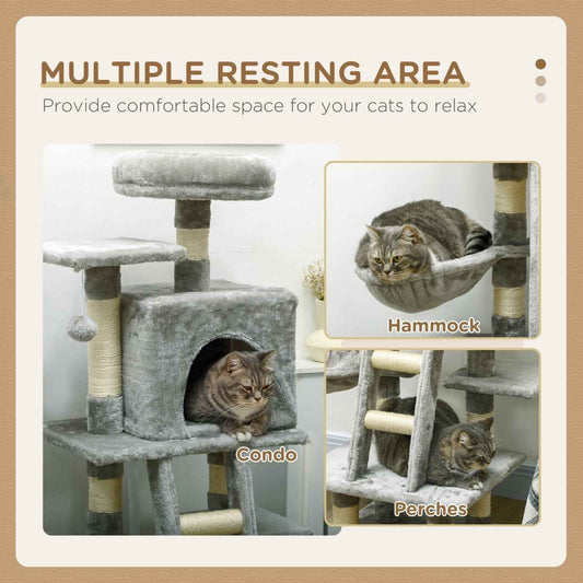 132cm Cat Tree with Scratching Post, House, and Hammock in Grey