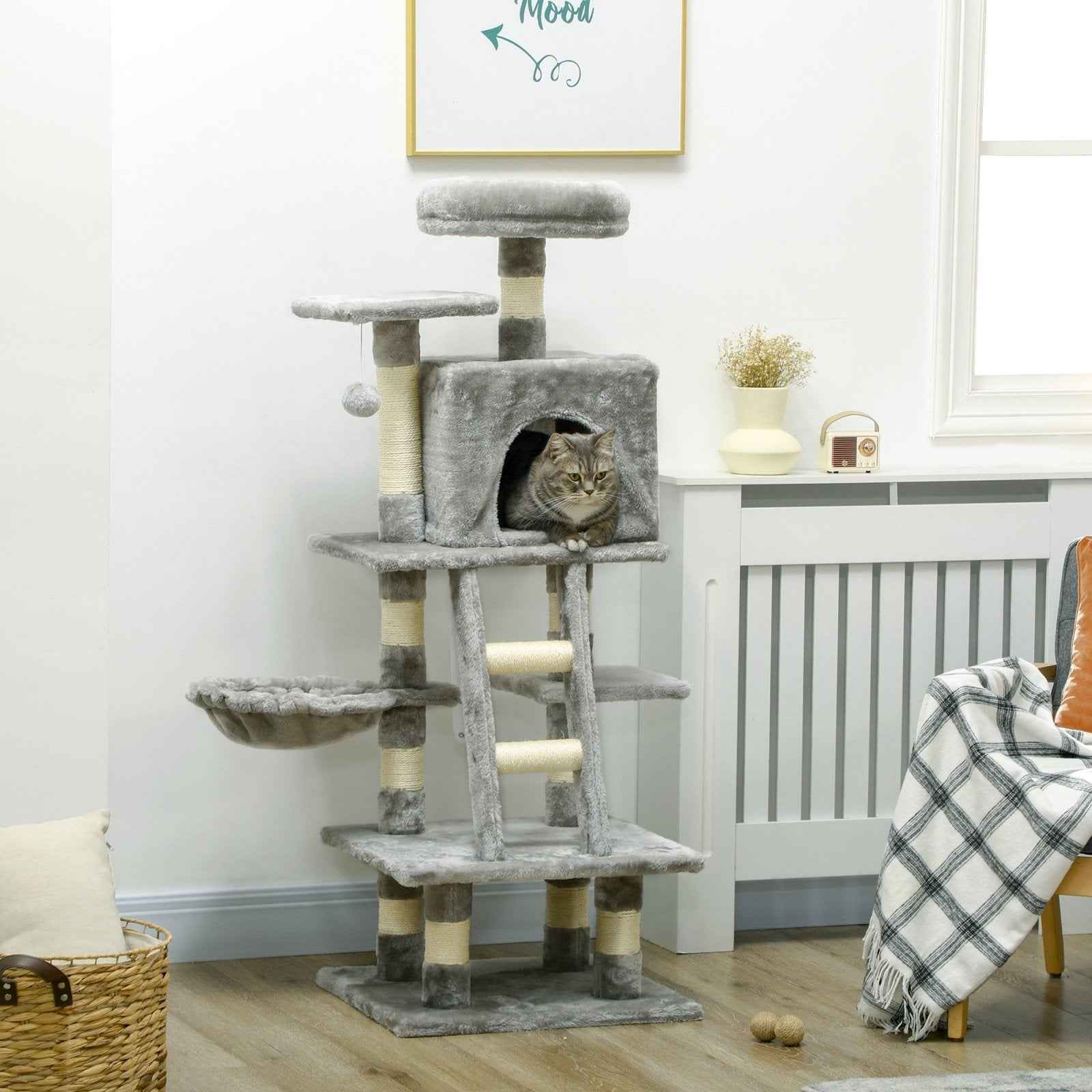 132cm Cat Tree with Scratching Post, House, and Hammock in Grey