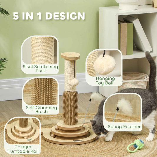 49cm Cat Scratching Post 5 in 1 with Sisal Post, Track Ball, Self Grooming Brush, Hanging Toy Ball, Feather, Oak Tone