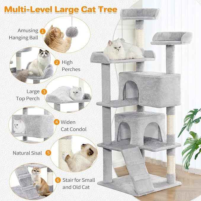 Cat Tree For Indoor Cats - Multi-Level Cat Tree With 2 Apartments Cat Activity Center With Scratching Posts And Toys Light Gray - TheZoomiesClub