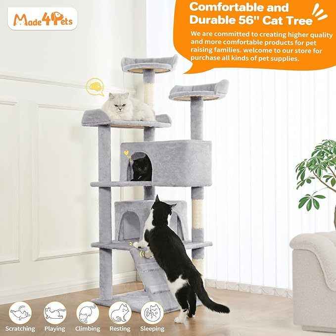 Cat Tree For Indoor Cats - Multi-Level Cat Tree With 2 Apartments Cat Activity Center With Scratching Posts And Toys Light Gray - TheZoomiesClub