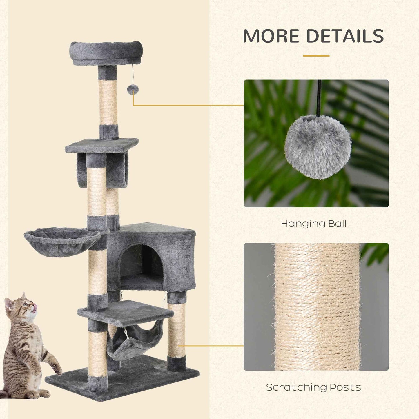 Cat Tree Condo for Kittens - Multi-Level 150CM Activity Stand with Toys and Scratching Posts
