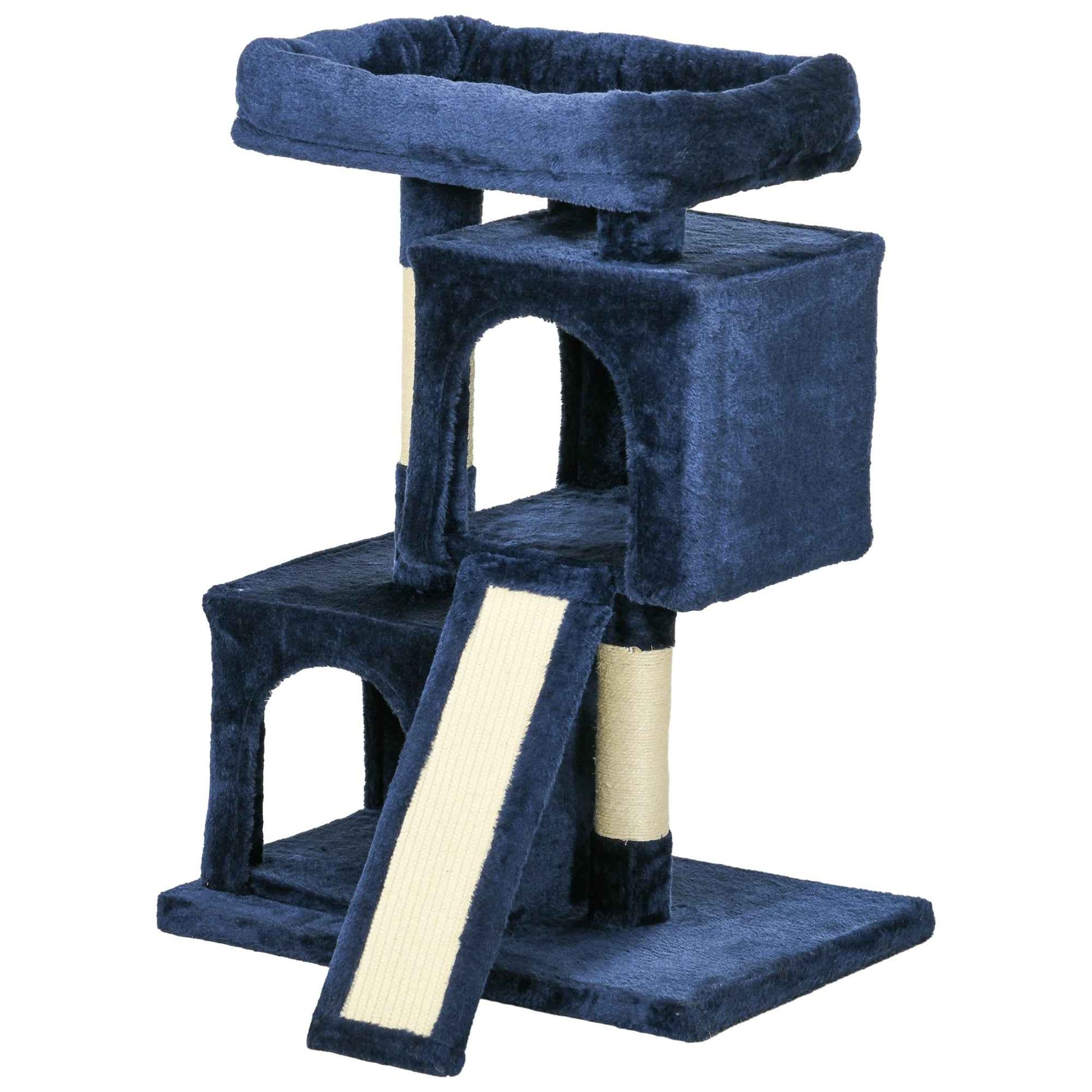 Sisal Cat Activity Tree with 2 Houses in Navy Blue