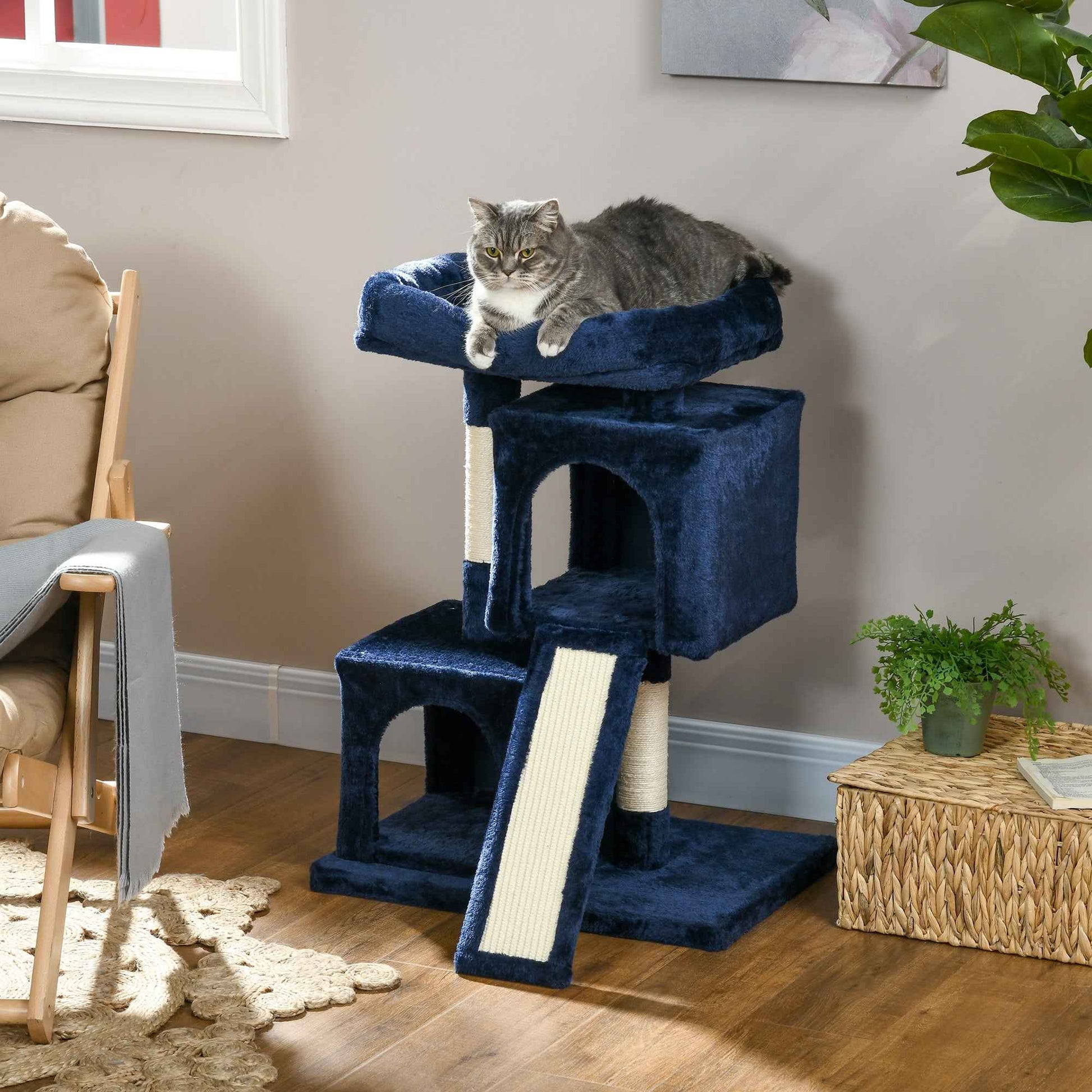 Sisal Cat Activity Tree with 2 Houses in Navy Blue