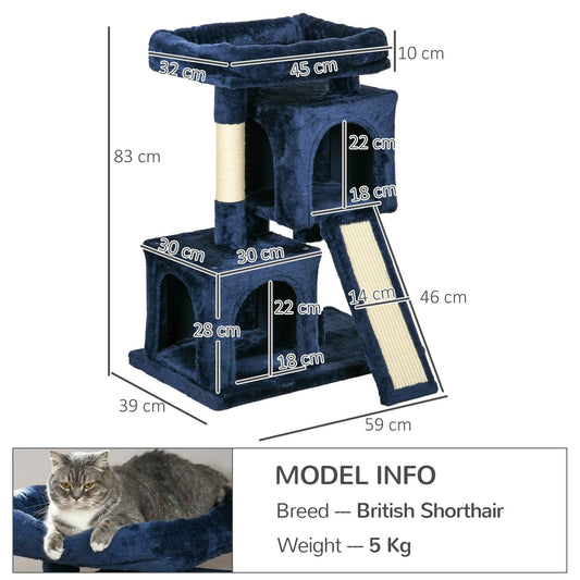Sisal Cat Activity Tree with 2 Houses in Navy Blue