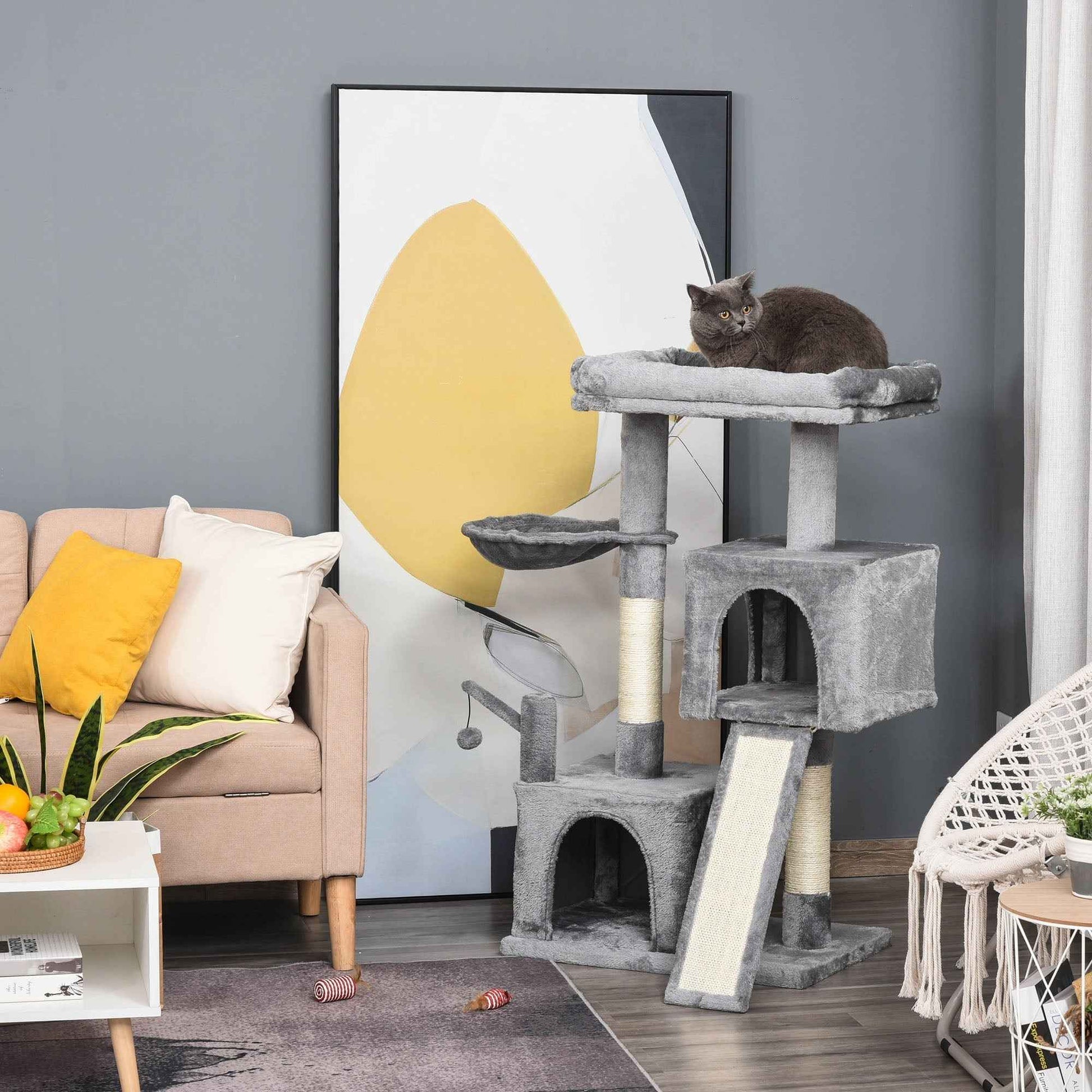 Cat tree activity center 111cm Climbing Kitten Activity Centre with Sisal Scratching Post Pad Perch Hanging Ball Hammock Condo Toy Grey
