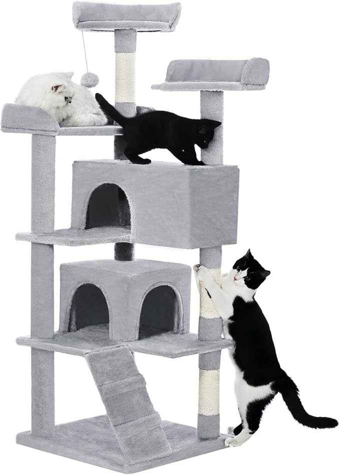 Cat Tree For Indoor Cats - Multi-Level Cat Tree With 2 Apartments Cat Activity Center With Scratching Posts And Toys Light Gray - TheZoomiesClub