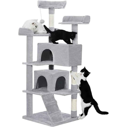 Cat Tree For Indoor Cats - Multi-Level Cat Tree With 2 Apartments Cat Activity Center With Scratching Posts And Toys Light Gray - TheZoomiesClub
