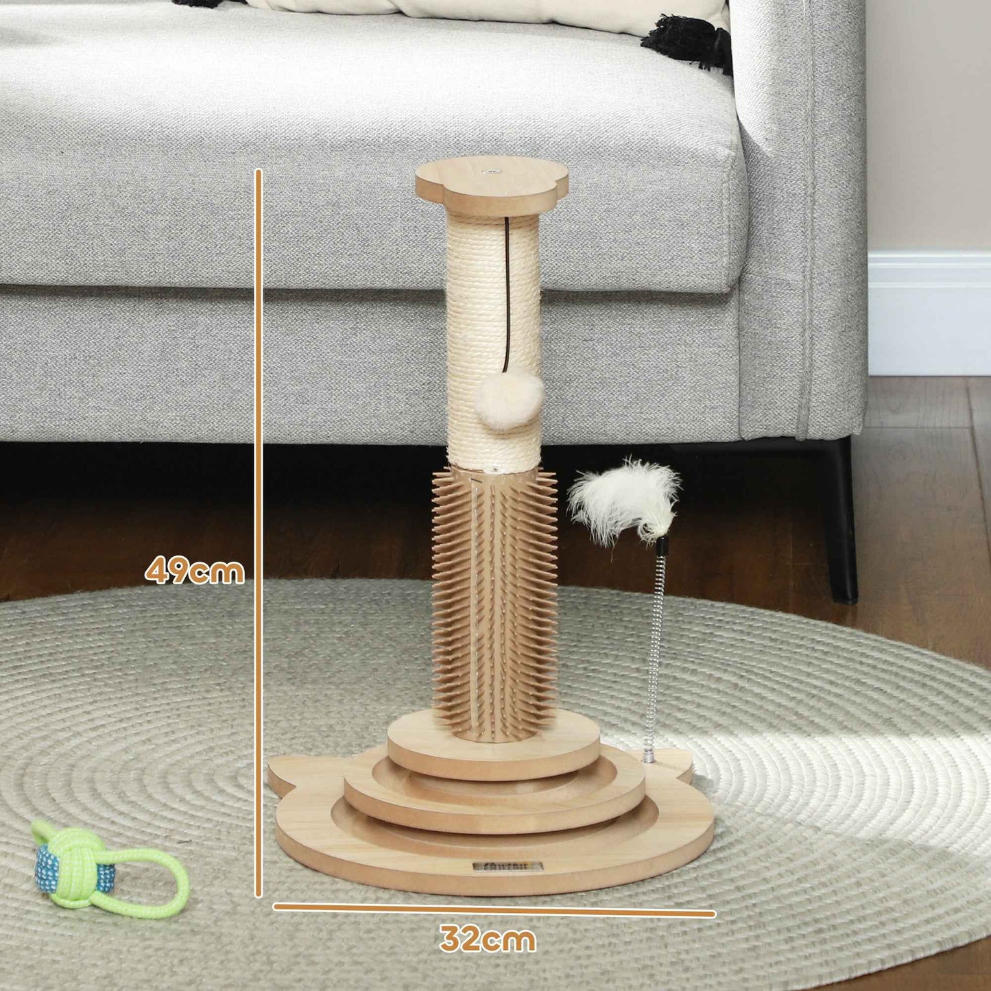 49cm Cat Scratching Post 5 in 1 with Sisal Post, Track Ball, Self Grooming Brush, Hanging Toy Ball, Feather, Oak Tone