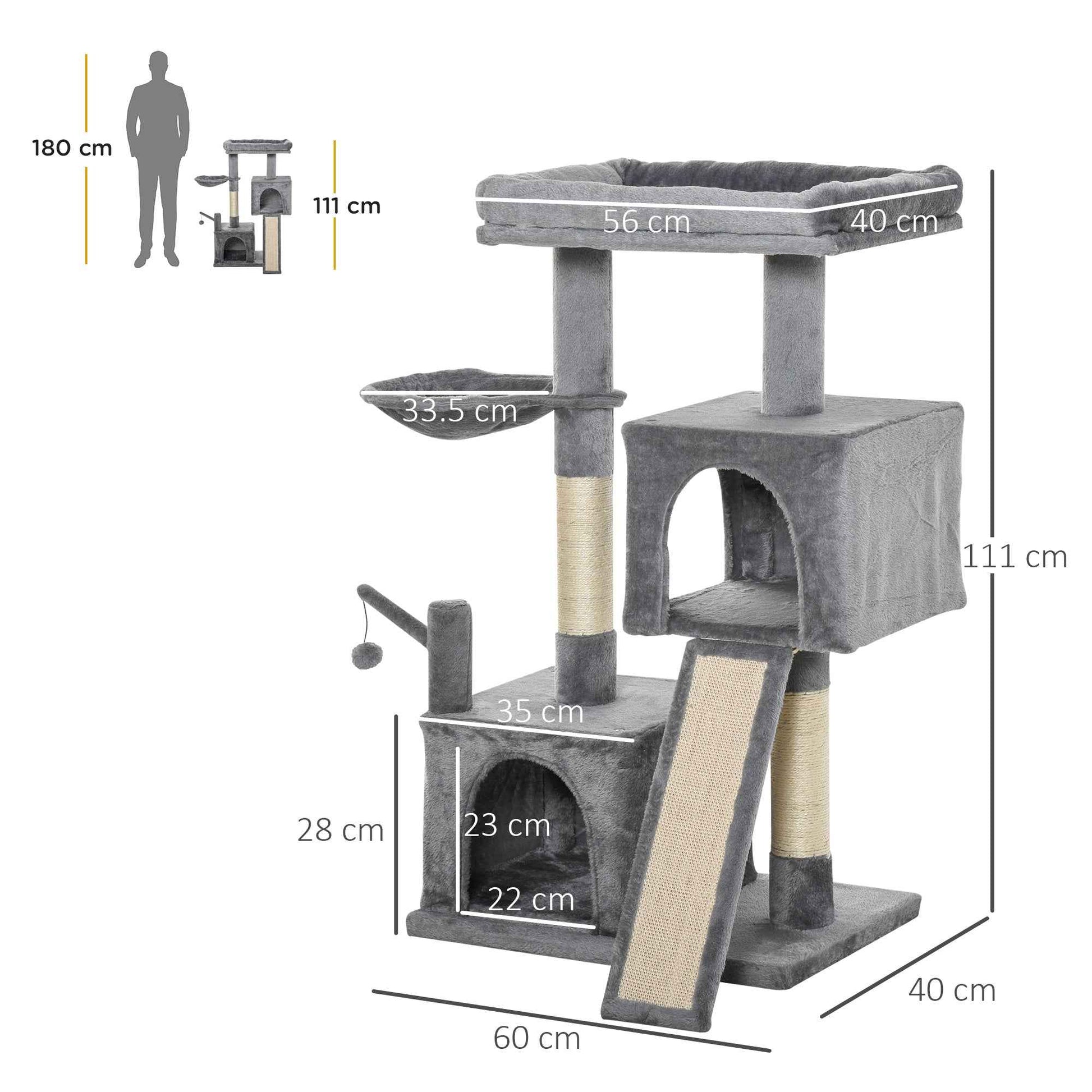 Cat tree activity center 111cm Climbing Kitten Activity Centre with Sisal Scratching Post Pad Perch Hanging Ball Hammock Condo Toy Grey