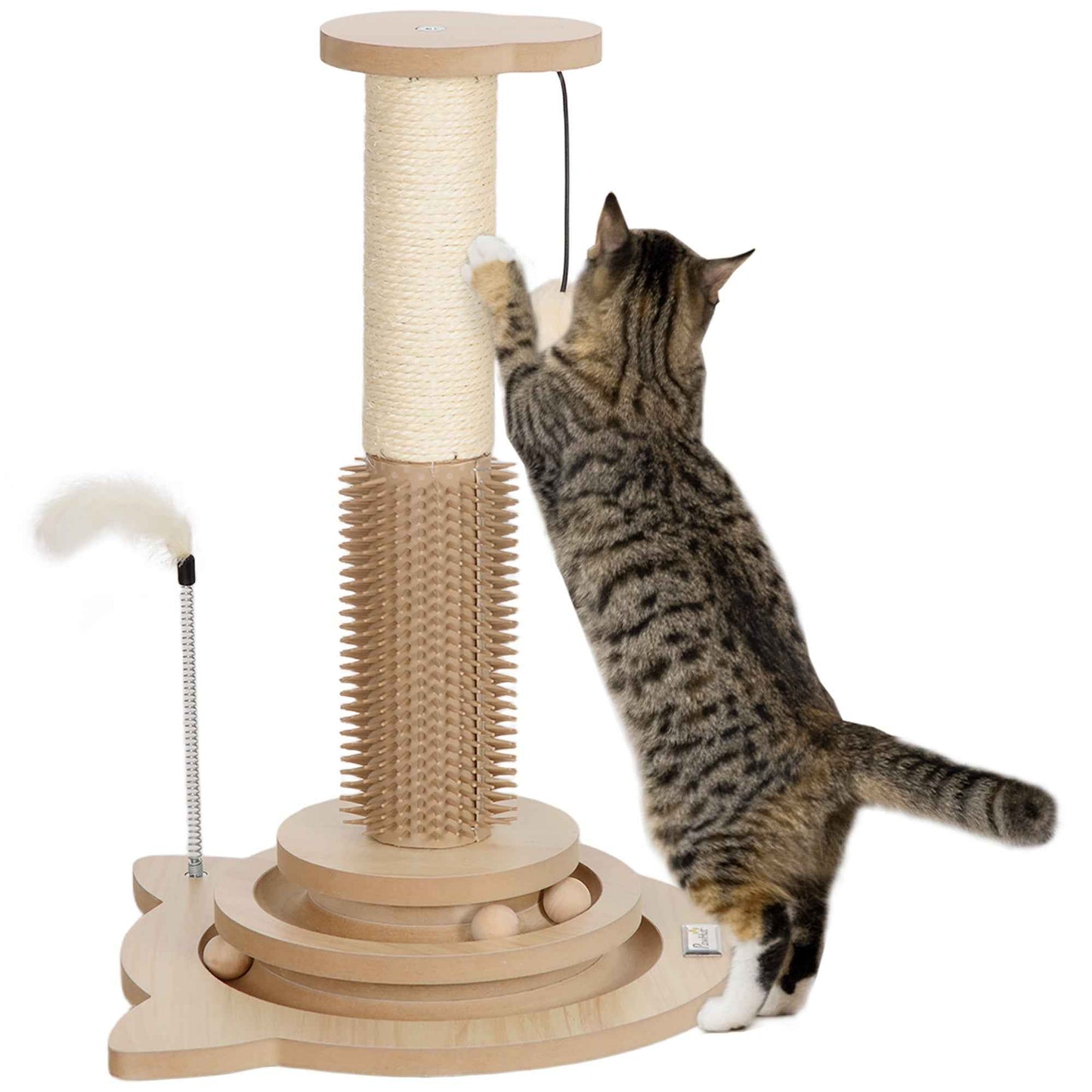 49cm Cat Scratching Post 5 in 1 with Sisal Post, Track Ball, Self Grooming Brush, Hanging Toy Ball, Feather, Oak Tone