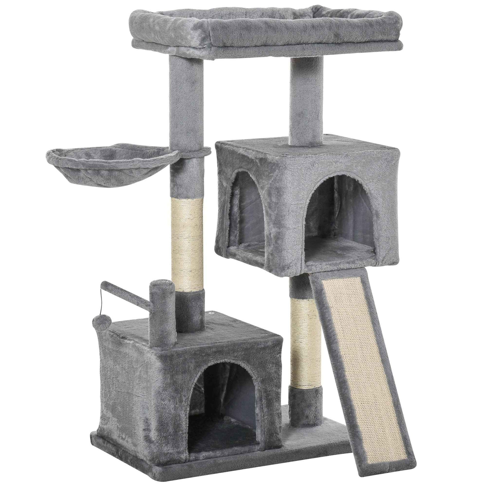 Cat tree activity center 111cm Climbing Kitten Activity Centre with Sisal Scratching Post Pad Perch Hanging Ball Hammock Condo Toy Grey