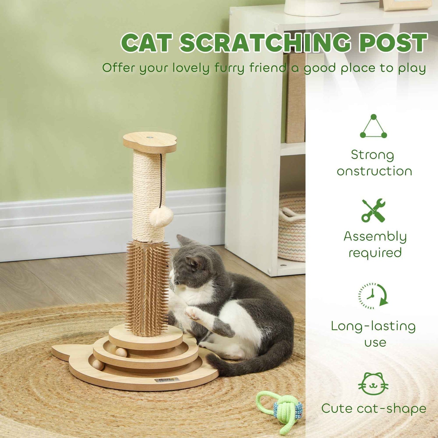 49cm Cat Scratching Post 5 in 1 with Sisal Post, Track Ball, Self Grooming Brush, Hanging Toy Ball, Feather, Oak Tone