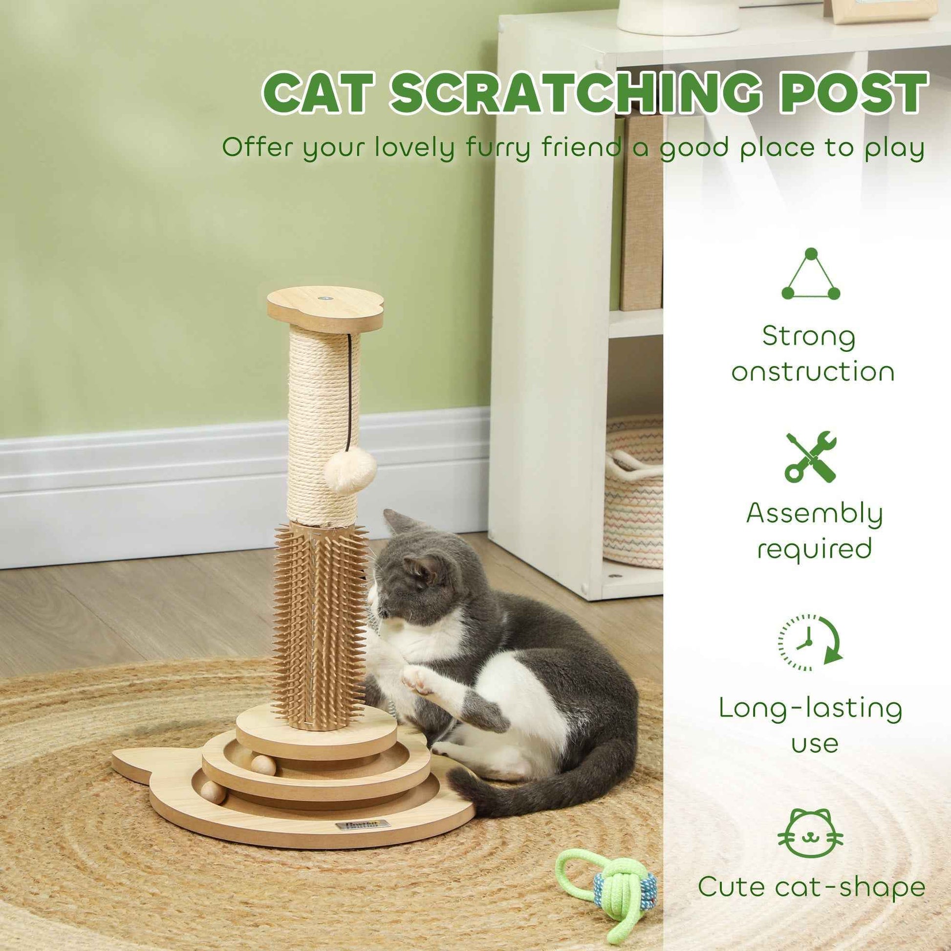 49cm Cat Scratching Post 5 in 1 with Sisal Post, Track Ball, Self Grooming Brush, Hanging Toy Ball, Feather, Oak Tone