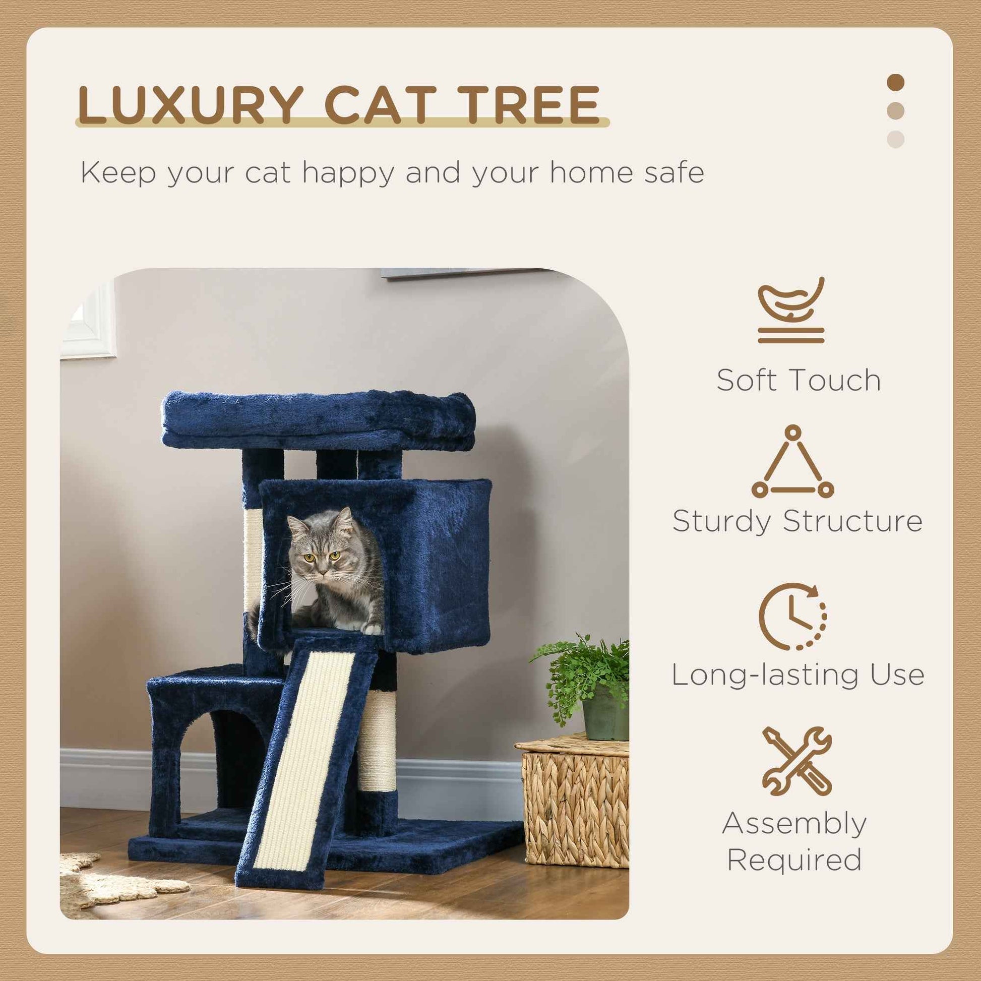 Sisal Cat Activity Tree with 2 Houses in Navy Blue