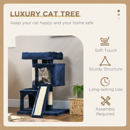 Sisal Cat Activity Tree with 2 Houses in Navy Blue