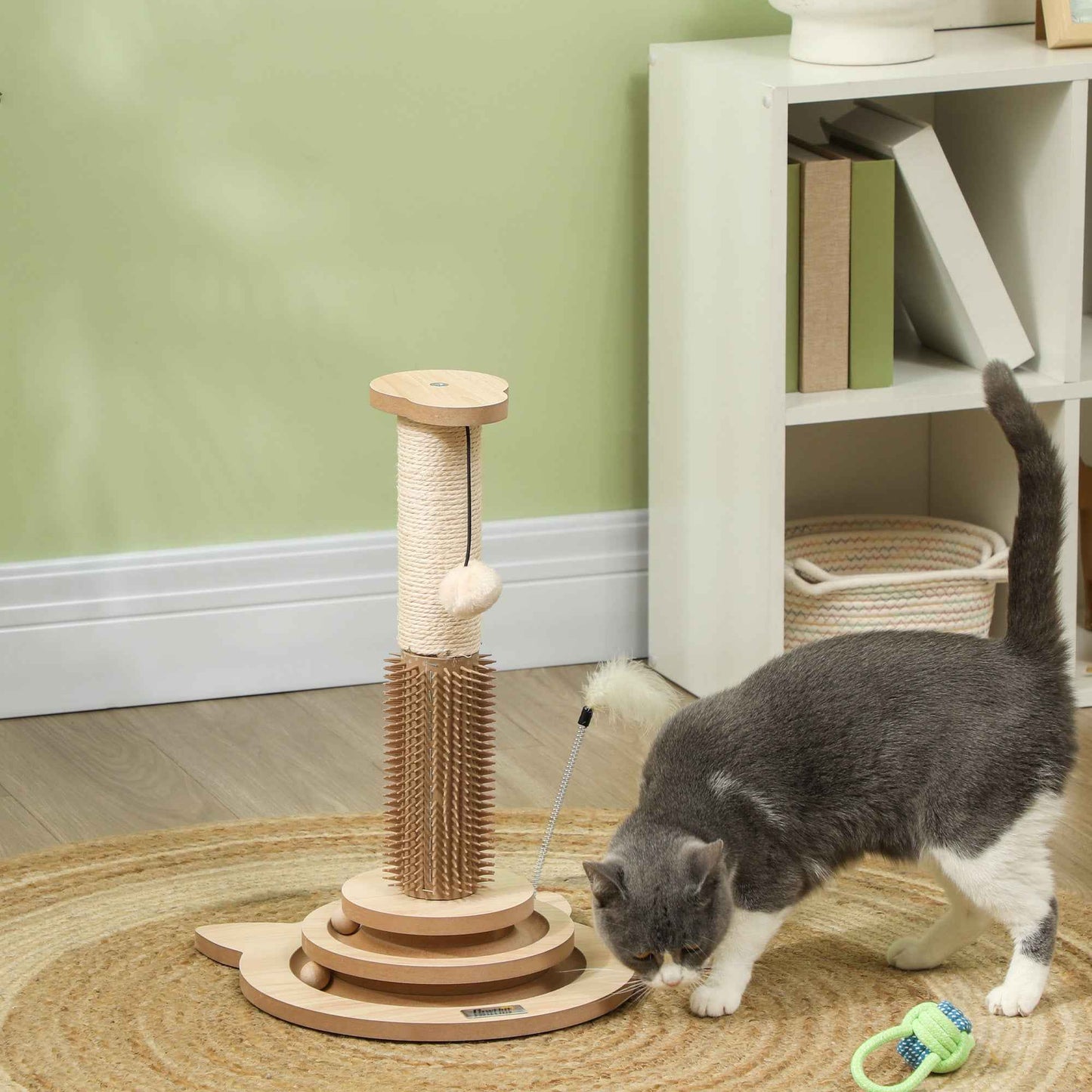 49cm Cat Scratching Post 5 in 1 with Sisal Post, Track Ball, Self Grooming Brush, Hanging Toy Ball, Feather, Oak Tone
