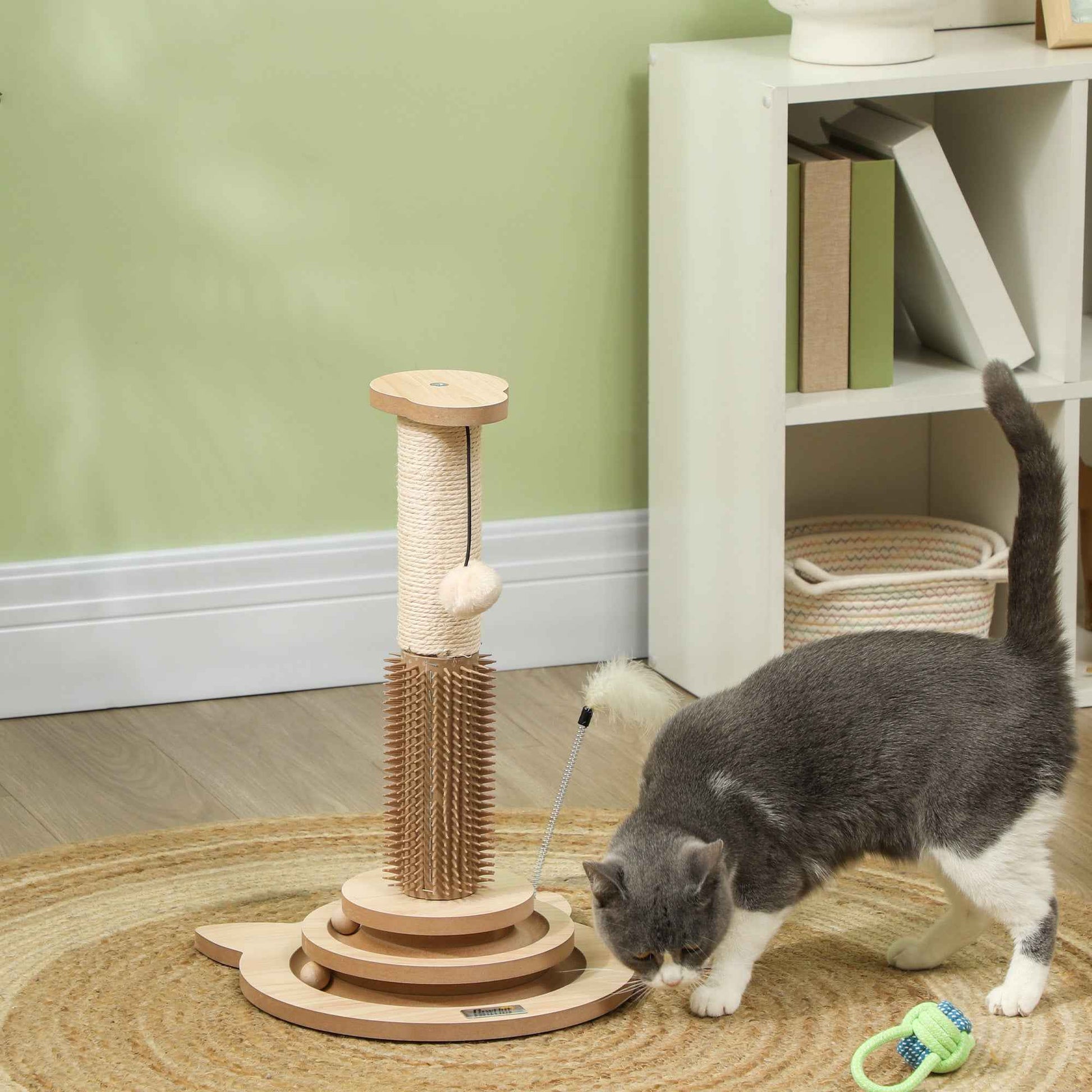 49cm Cat Scratching Post 5 in 1 with Sisal Post, Track Ball, Self Grooming Brush, Hanging Toy Ball, Feather, Oak Tone