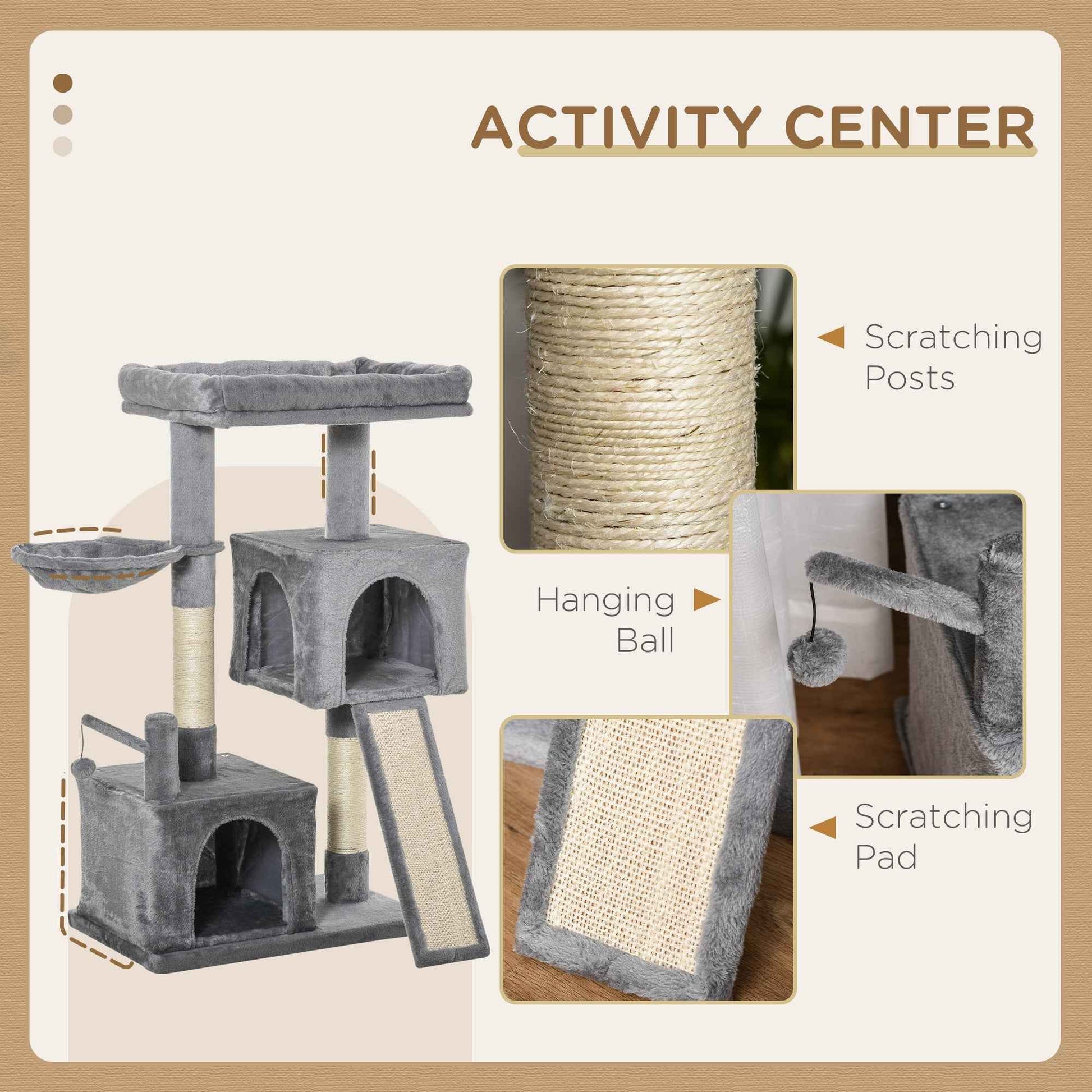 Cat tree activity center 111cm Climbing Kitten Activity Centre with Sisal Scratching Post Pad Perch Hanging Ball Hammock Condo Toy Grey