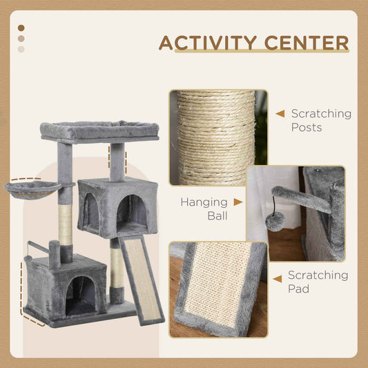 Cat tree activity center 111cm Climbing Kitten Activity Centre with Sisal Scratching Post Pad Perch Hanging Ball Hammock Condo Toy Grey